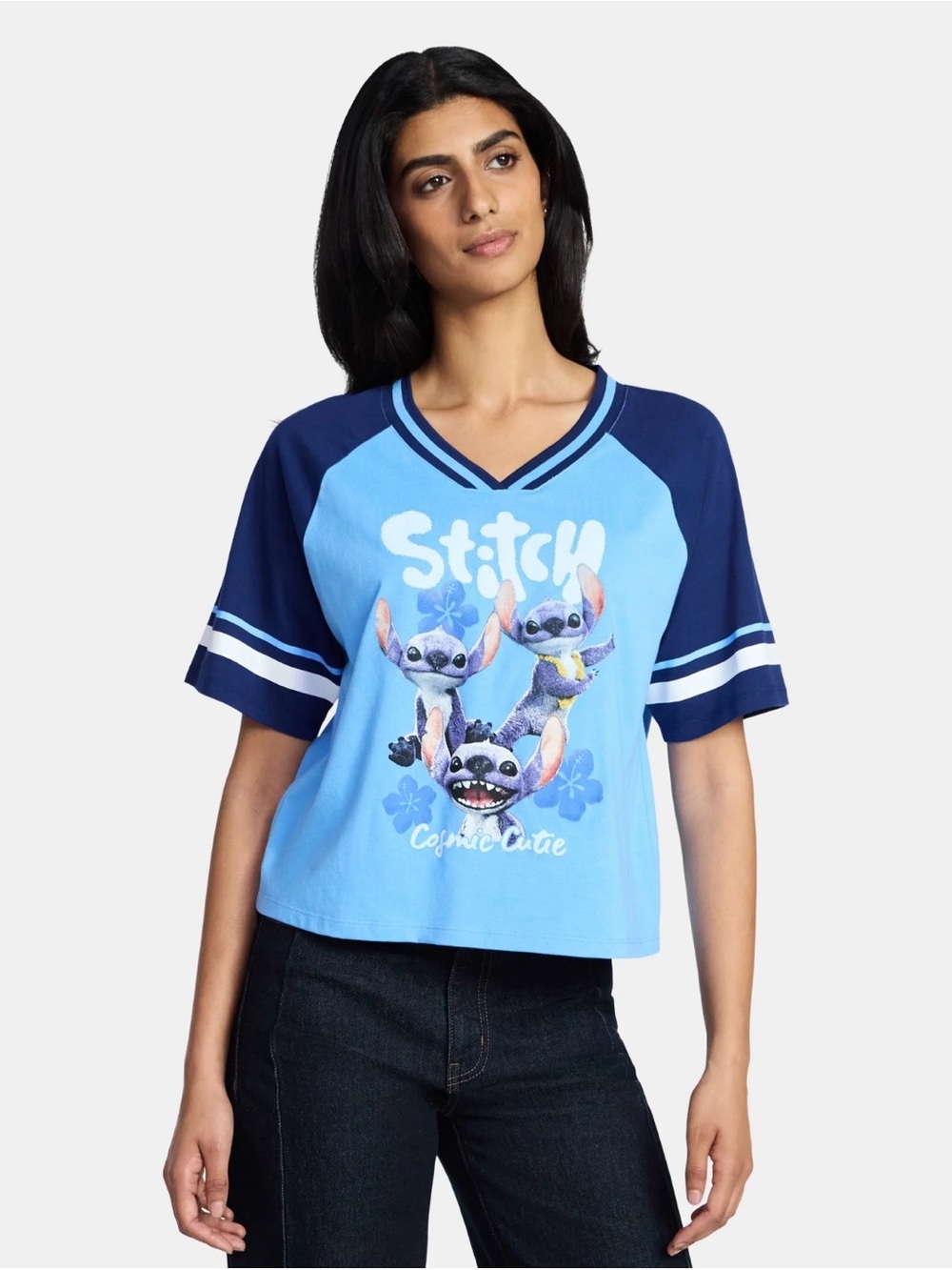 Disney Stitch V-Neck Raglan Tee - Light Blue & Navy